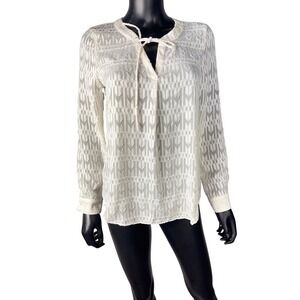 Banana Republic‎ XS White Patterned Long Sleeve Tie Neck Blouse Top